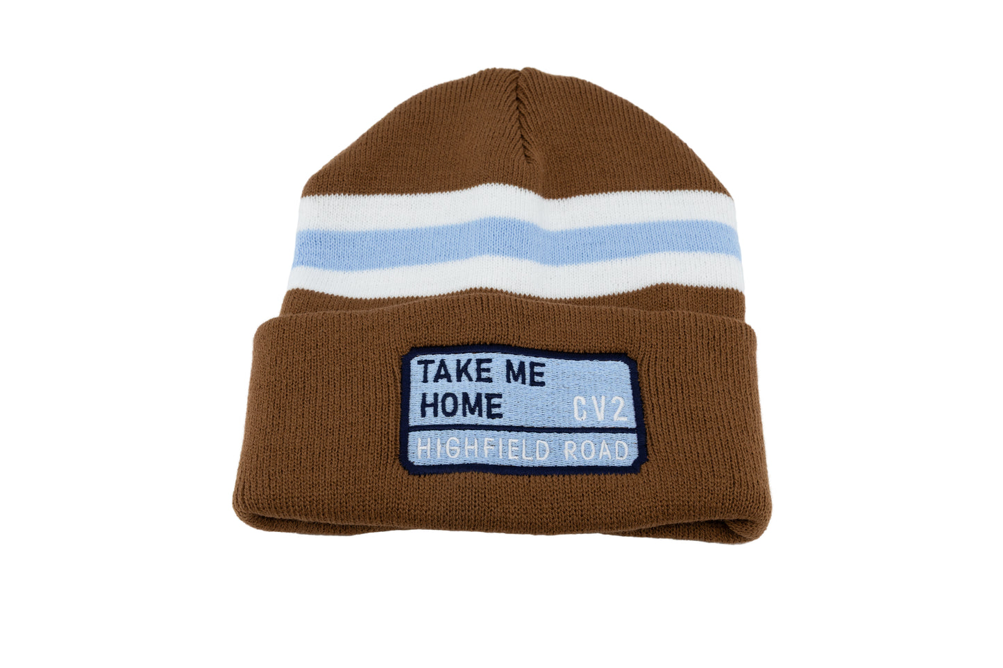 Milk chocolate hat with sky blue embroidered badge (CV2)
