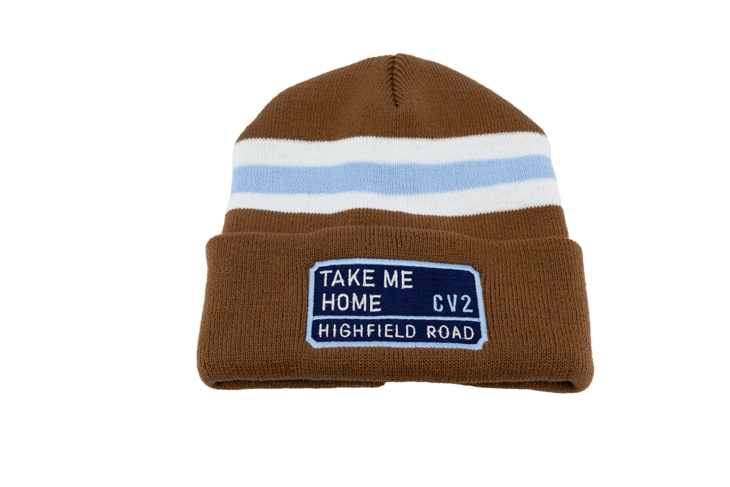 Milk chocolate hat with navy blue embroidered badge (CV2)