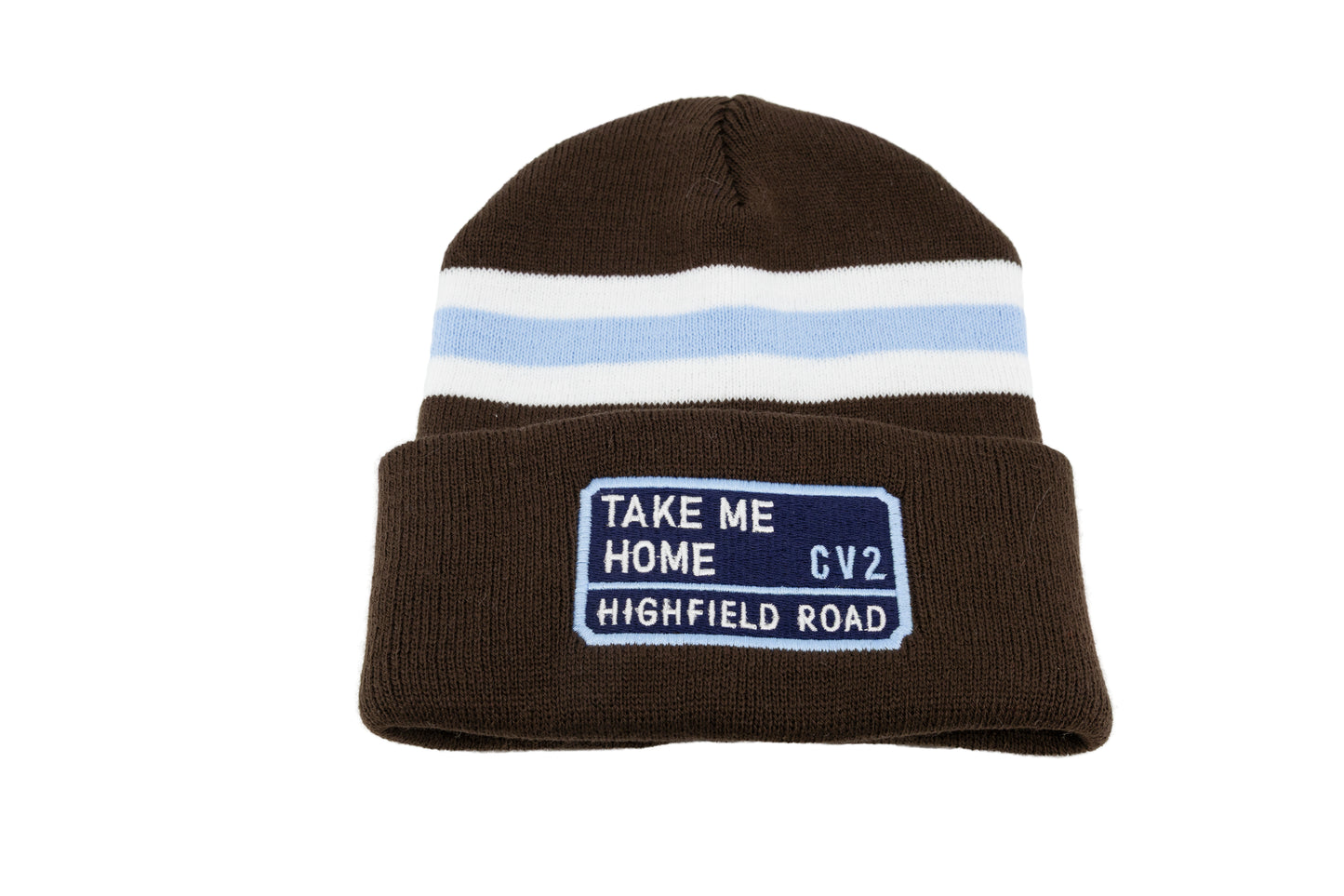 Dark chocolate hat with navy blue embroidered badge (CV2)
