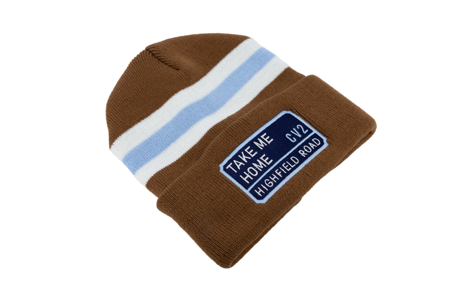 Milk chocolate hat with navy blue embroidered badge (CV2)