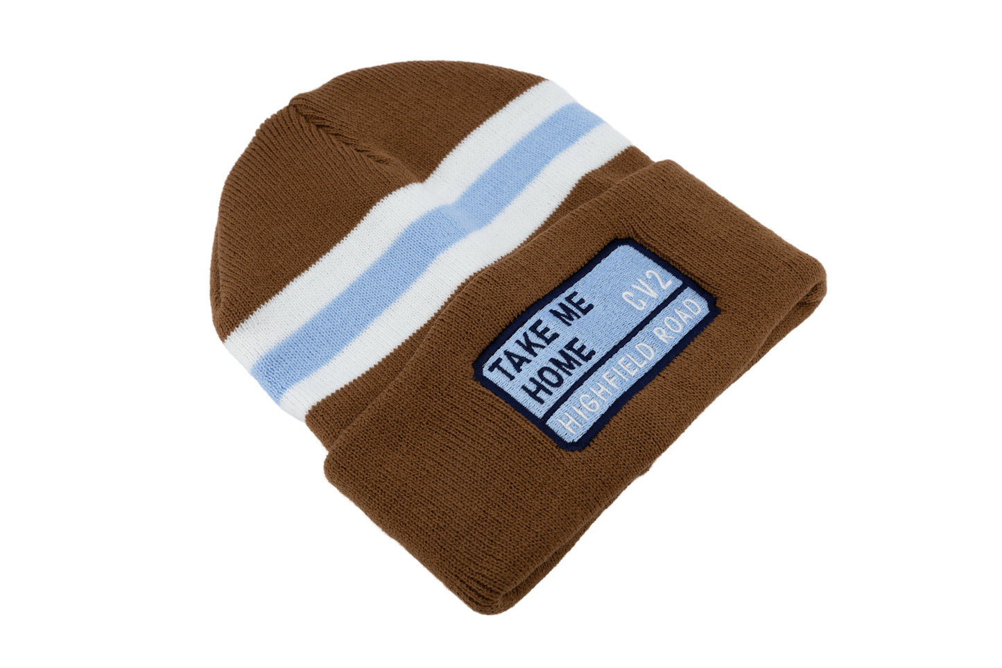 Milk chocolate hat with sky blue embroidered badge (CV2)