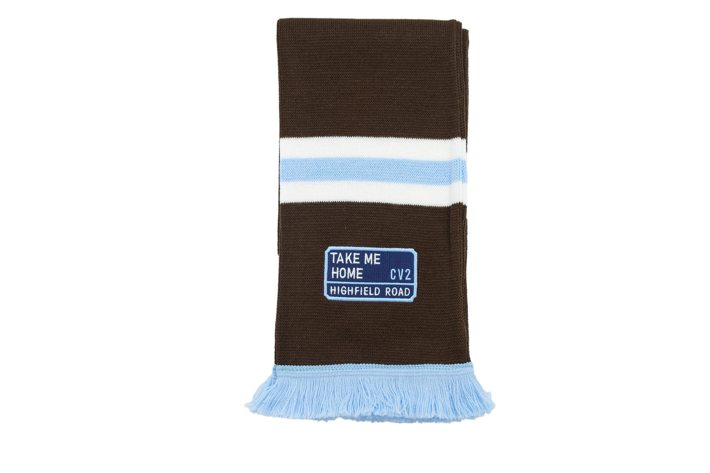 Dark chocolate scarf with navy blue embroidered badge (CV2)