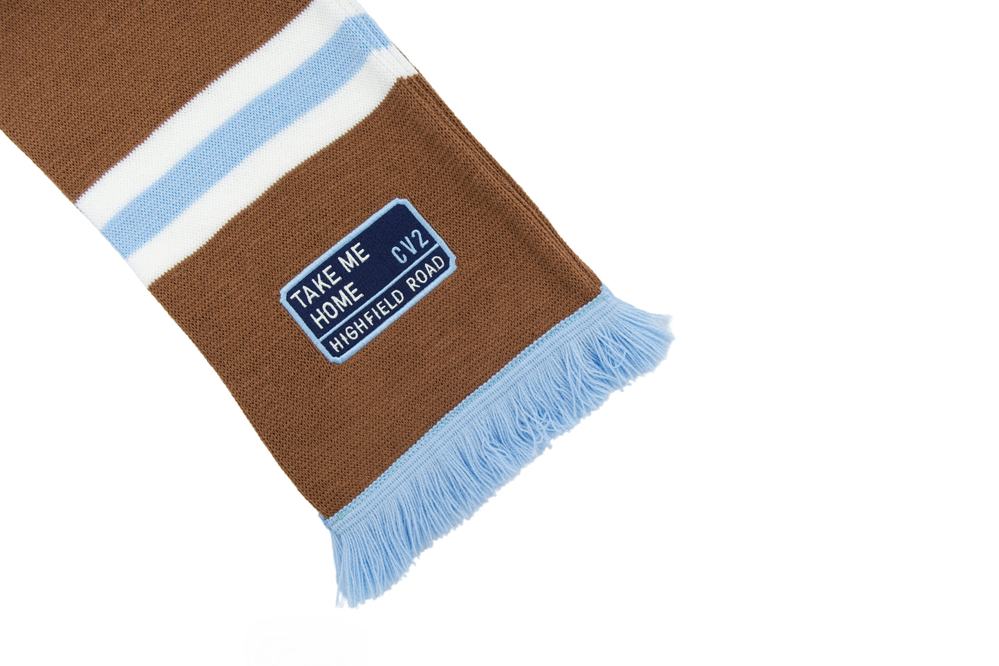 Milk chocolate scarf with navy blue embroidered badge (CV2)