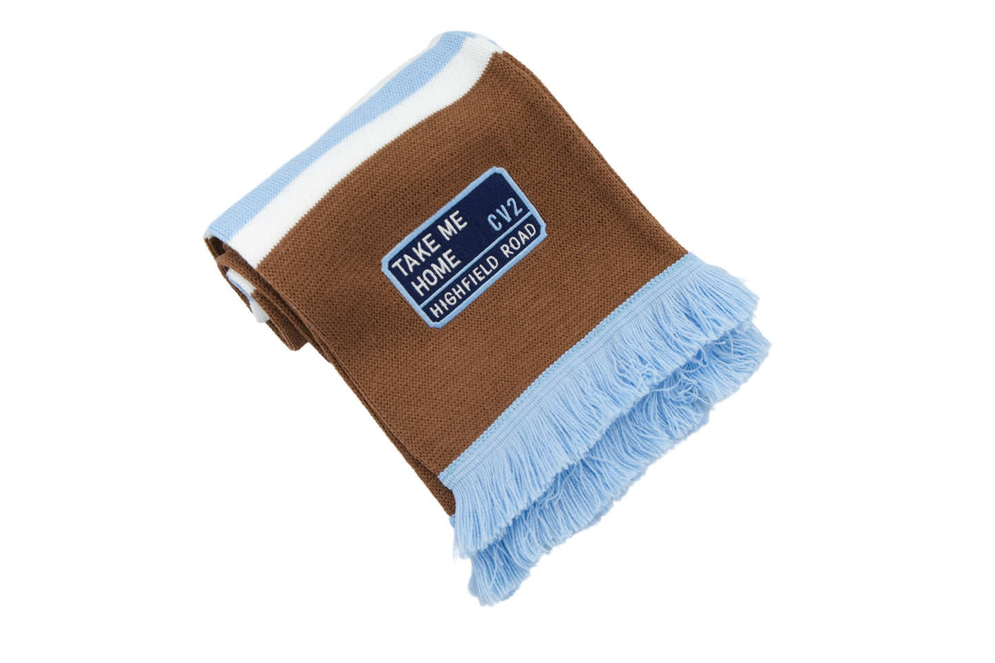 Milk chocolate scarf with navy blue embroidered badge (CV2)