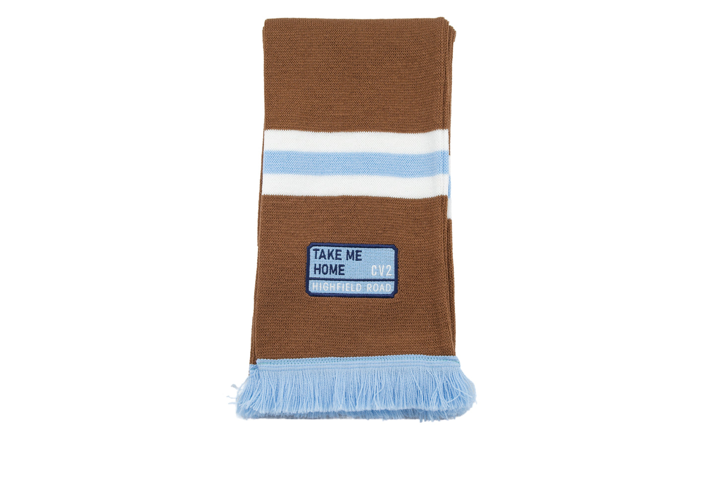 Milk chocolate scarf with sky blue embroidered badge (CV2)