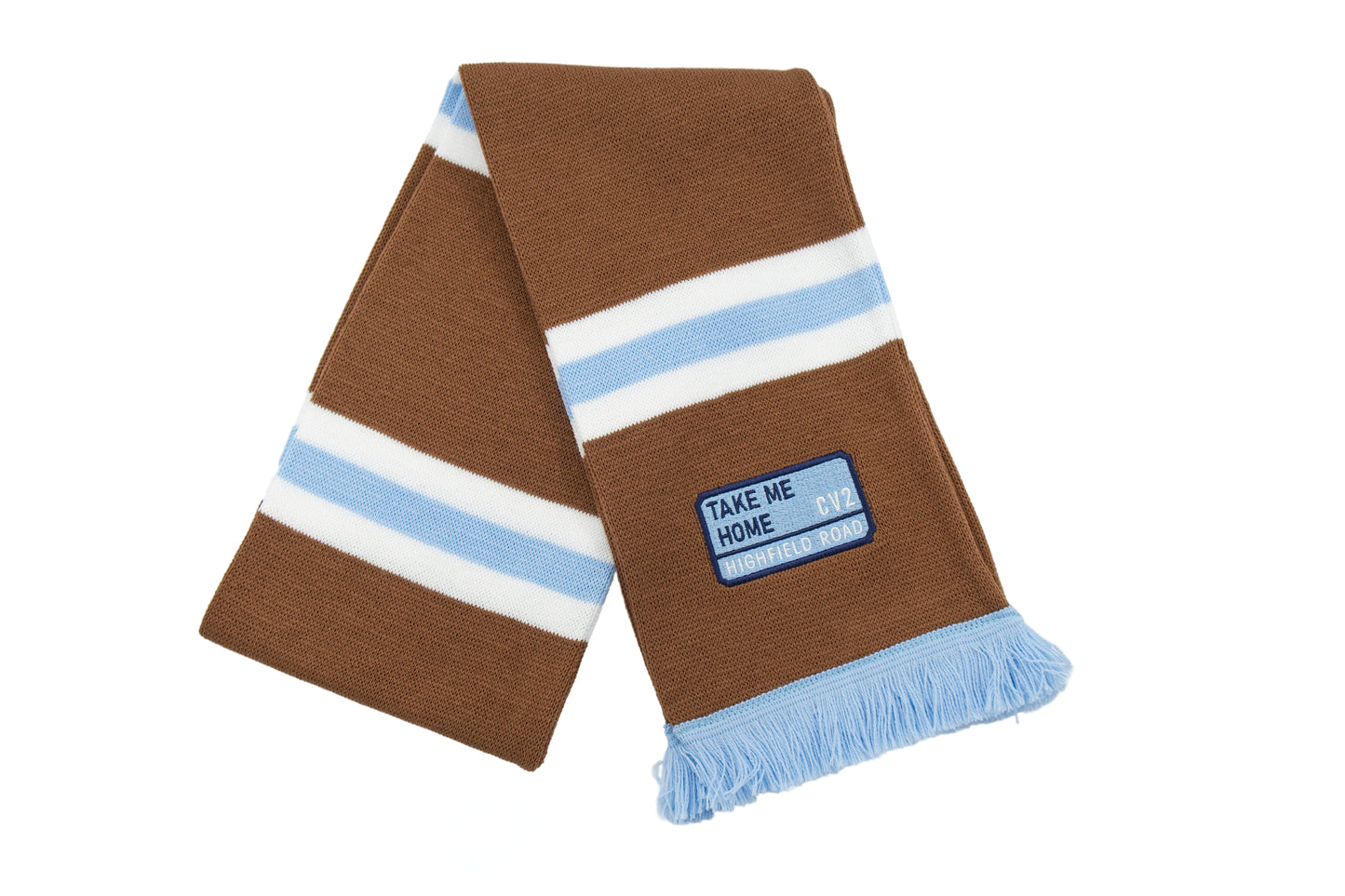 Milk chocolate scarf with sky blue embroidered badge (CV2)