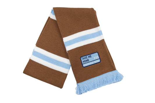 Milk chocolate scarf with sky blue embroidered badge (CV2)