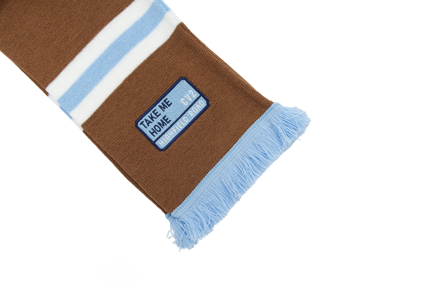 Milk chocolate scarf with sky blue embroidered badge (CV2)