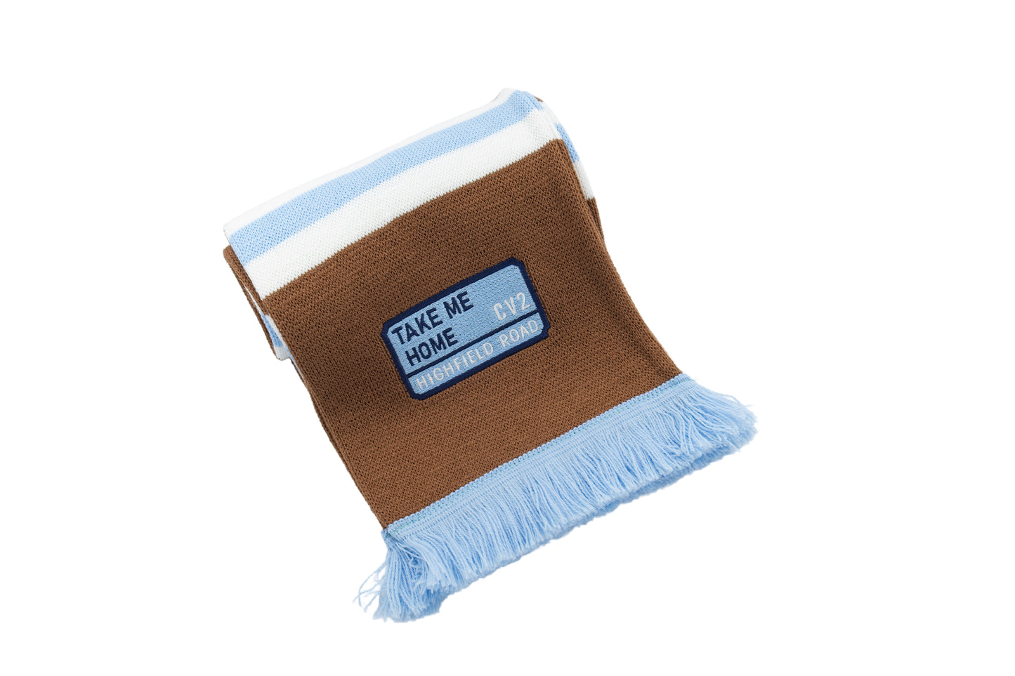 Milk chocolate scarf with sky blue embroidered badge (CV2)