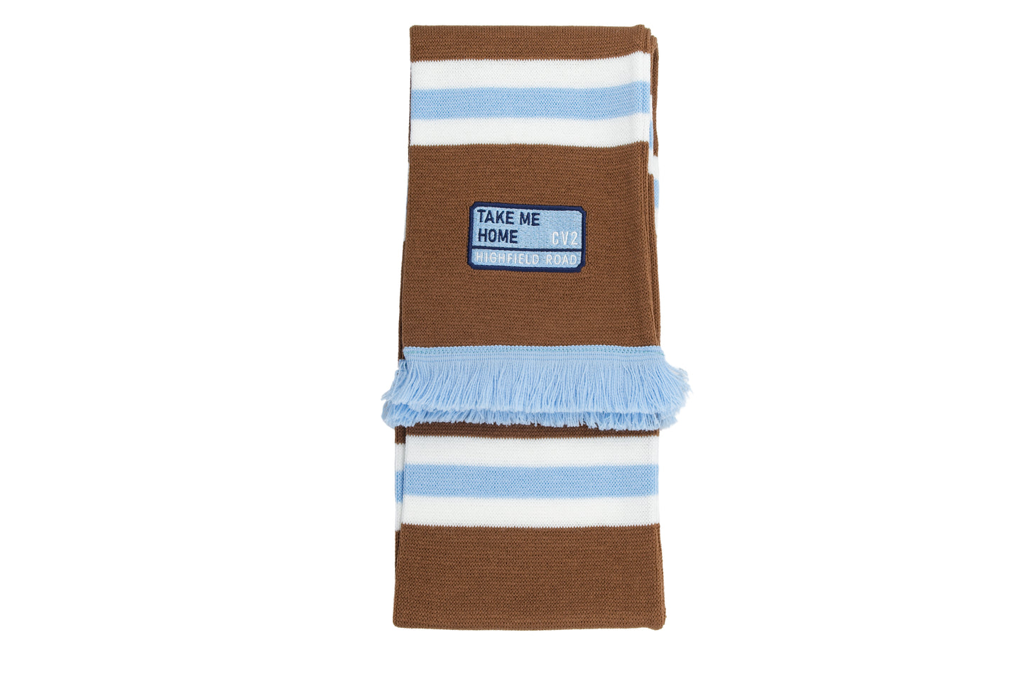 Milk chocolate scarf with sky blue embroidered badge (CV2)