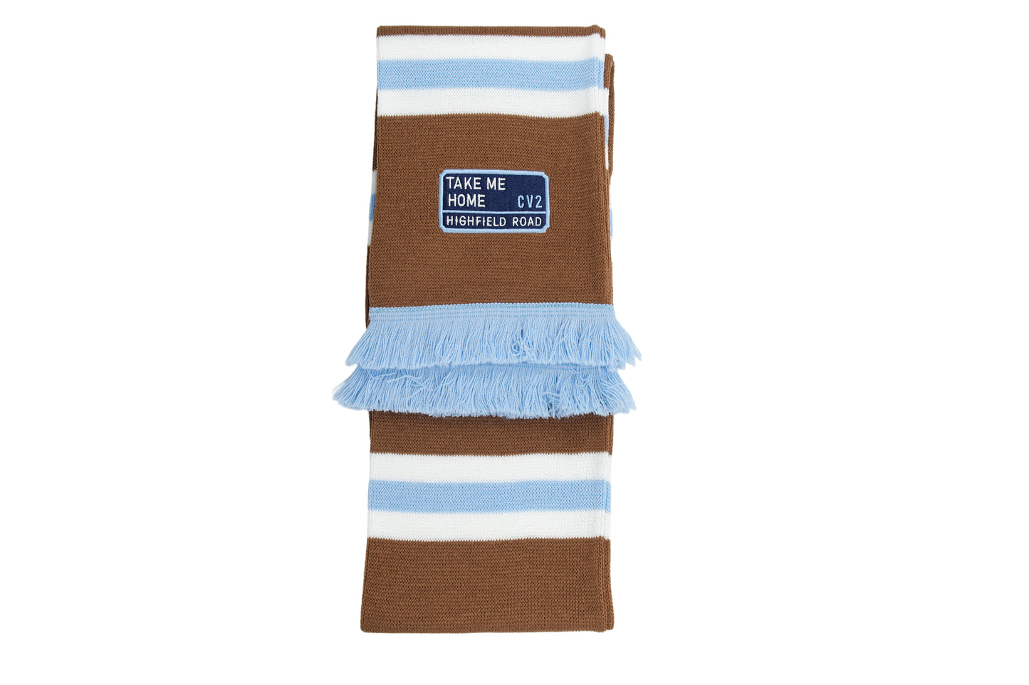 Milk chocolate scarf with navy blue embroidered badge (CV2)