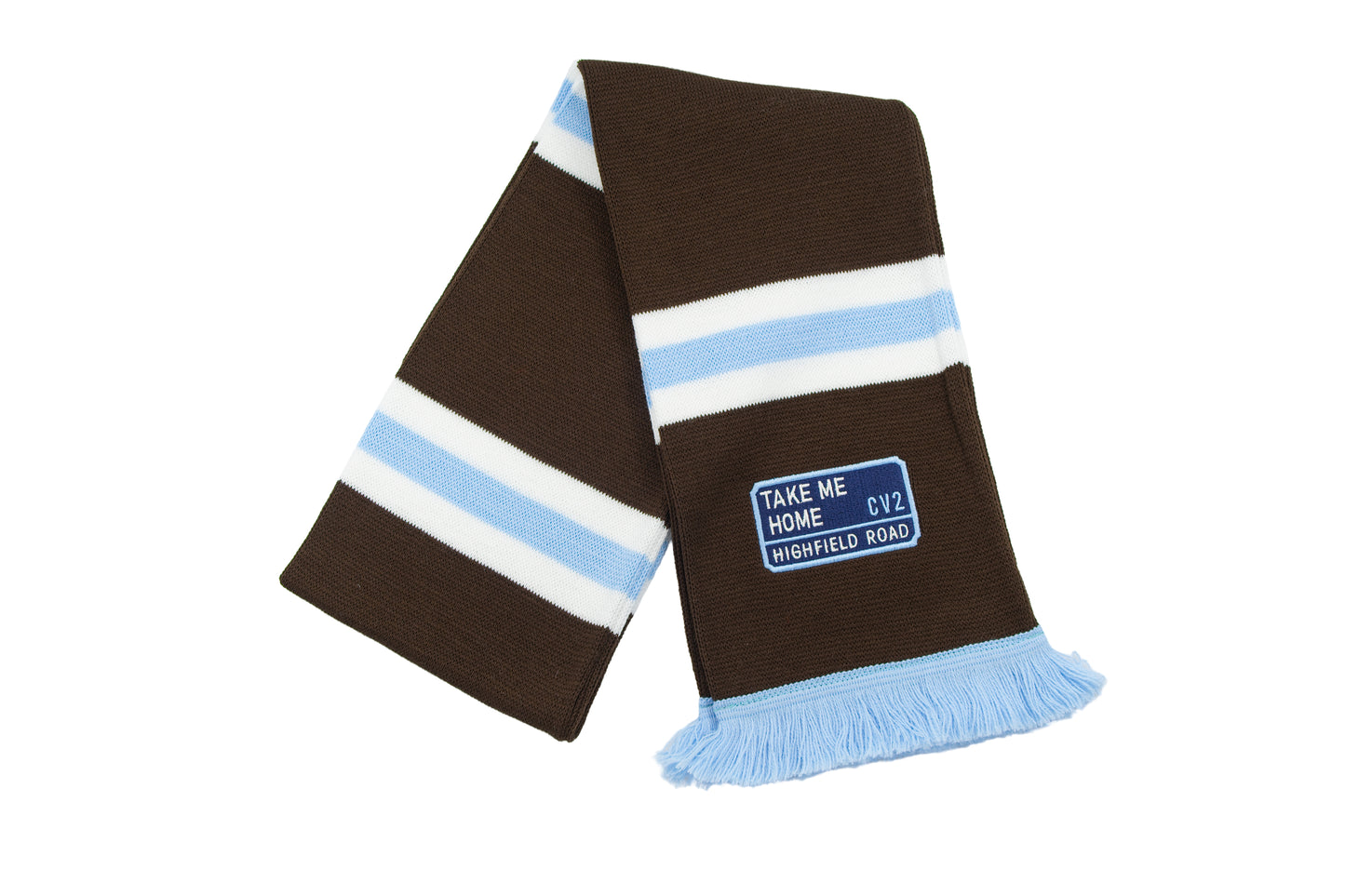 Dark chocolate scarf with navy blue embroidered badge (CV2)