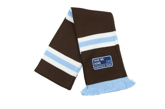 Dark chocolate scarf with navy blue embroidered badge (CV2)