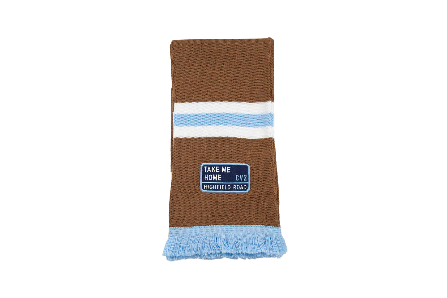 Milk chocolate scarf with navy blue embroidered badge (CV2)