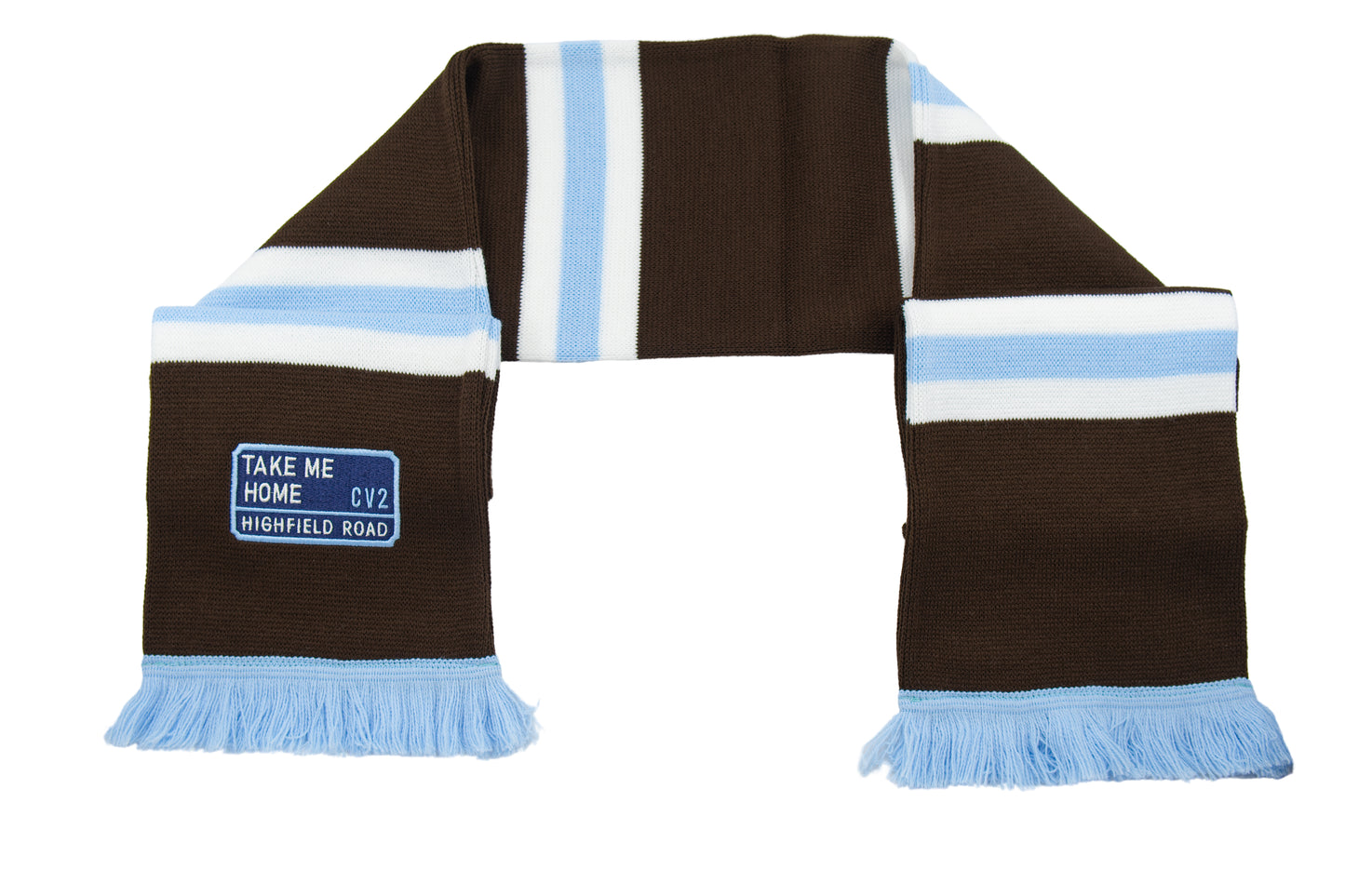 Dark chocolate scarf with navy blue embroidered badge (CV2)