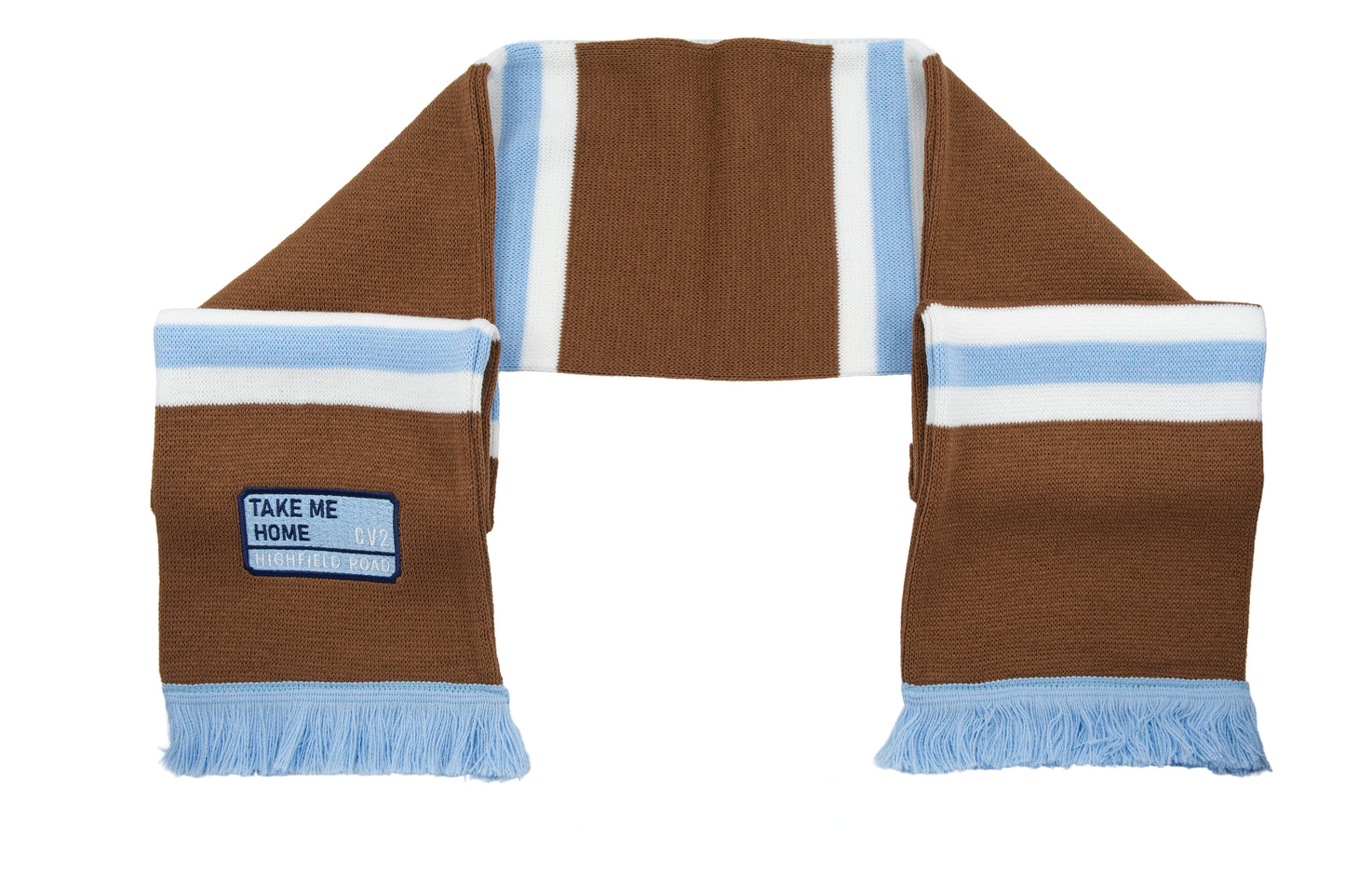 Milk chocolate scarf with sky blue embroidered badge (CV2)