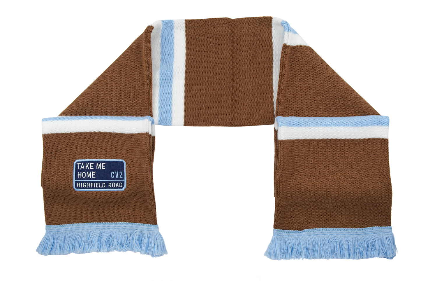 Milk chocolate scarf with navy blue embroidered badge (CV2)