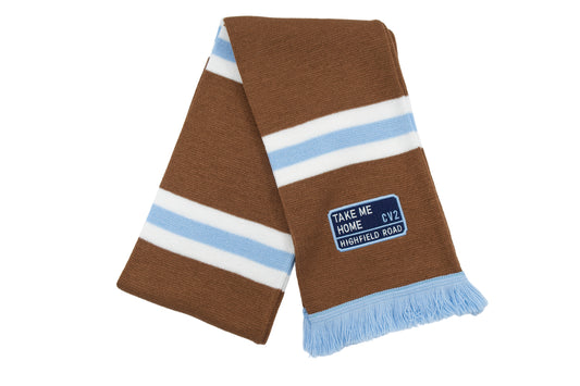 Milk chocolate scarf with navy blue embroidered badge (CV2)